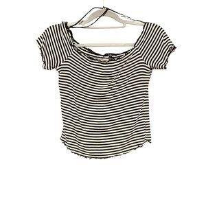 Ambiance Womens Ribbed Stripe Scoop Neck Short Sleeve Top Black White